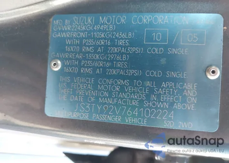 2006 Suzuki Xl-7 Premium из США, поврежденный, VIN JS3TY92V764102224